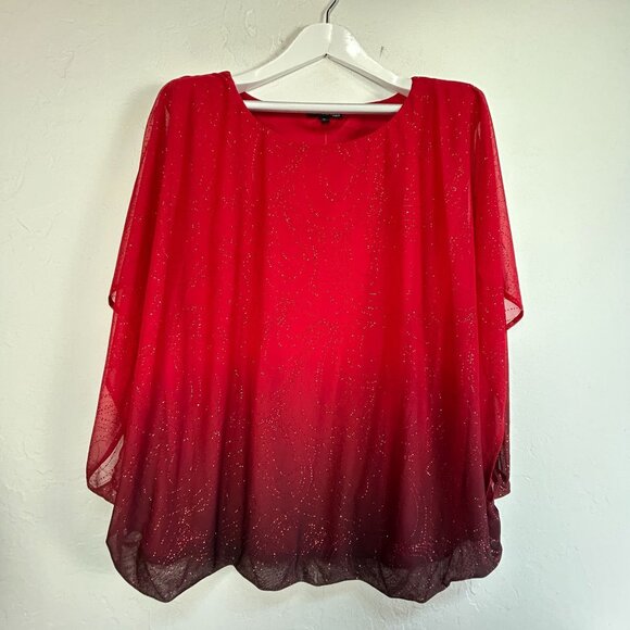 Sara Michelle Women Plus Size 3X Red & Black Ombre Glitter Poncho Top Blouse New - Picture 1 of 9